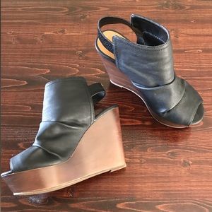 Soda Black Peep Toe Wedges